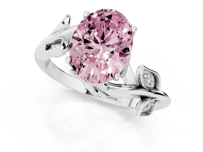 Fancy Pink Oval Cut Diamond Solitaire Twist Engagement Ring Set in Silver with Pavé Leaf Accents