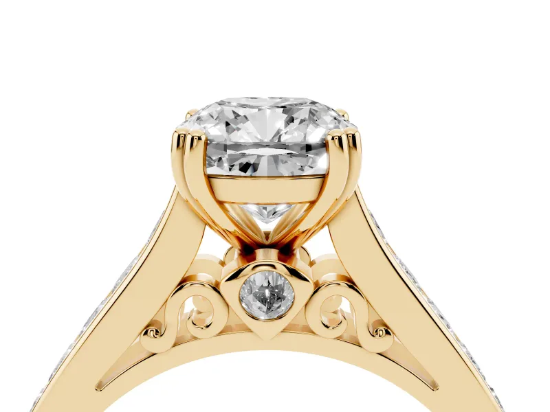 Cushion Cut Cathedral Channel Set Engagement Ring Setting | Double Claw Prongs | Yellow Gold