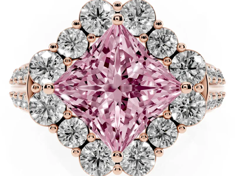 Fancy Pink Princess Cut Diamond Halo Engagement Ring Set in Rose gold with Split Shank and Prong Setting