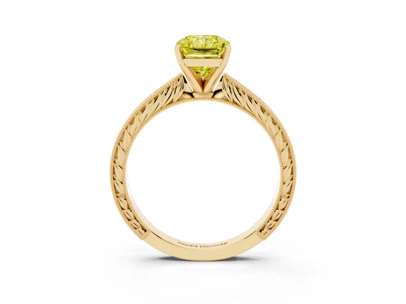 Fancy Yellow Radiant Cut Diamond Solitaire Milgrain Engraved Band Set in Yellow gold with Prong Setting