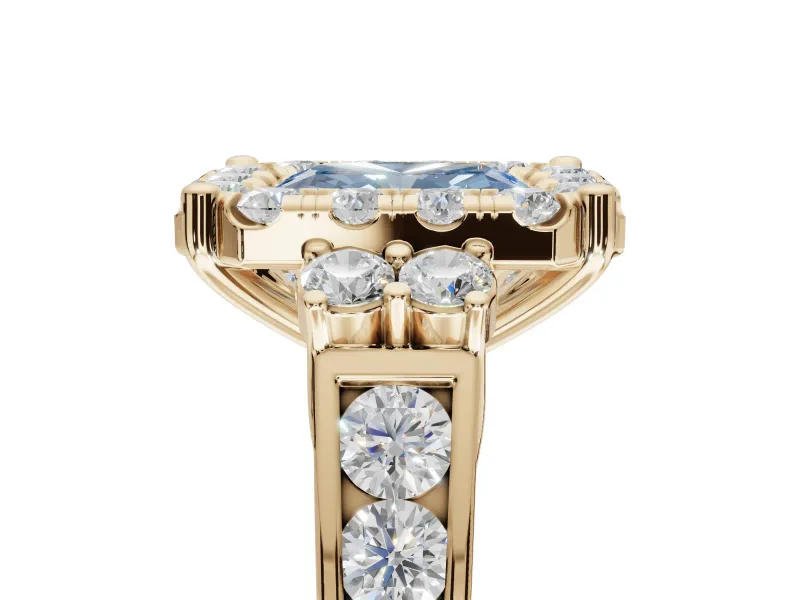 Radiant Cut Halo Engagement Ring Setting for a Fancy Blue Lab-Grown Diamond | Graduated Channel Band | Yellow Gold