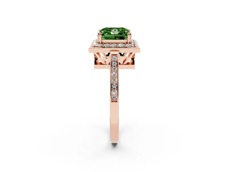 Princess Cut Halo Engagement Ring Setting for a Fancy Green Lab-Grown Diamond | Polished Halo Rim | Rose Gold