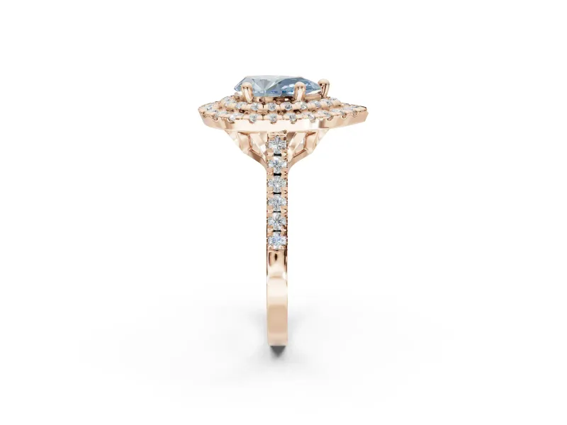 Fancy Blue Pear-Shaped Lab-Grown Diamond Double Halo Statement Ring Set in Rose Gold with Pavé Band