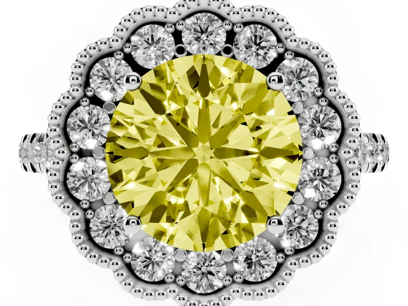 Fancy Yellow Round Cut Diamond Milgrain Floral Halo Engagement Ring Set in Platinum with Pavé Band