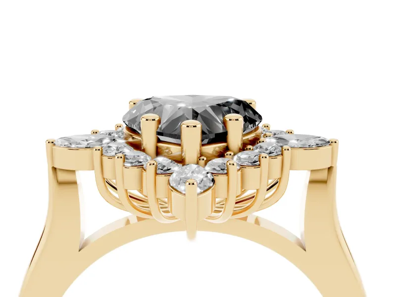 Fancy Black Heart Cut Diamond Cluster Halo Ring Set in Yellow gold with Marquise and Round Accents