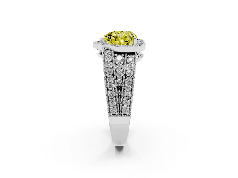 Fancy Yellow Heart Cut Diamond Halo Ring Set in Platinum with Accent Split Shank and Prong Setting
