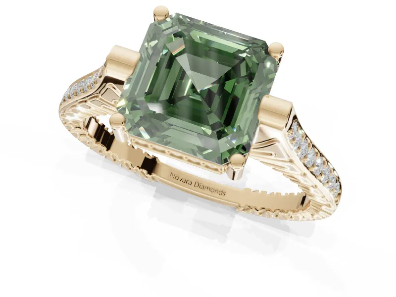 Asscher Cut Vintage Cathedral Engagement Ring Setting for a Fancy Green Lab-Grown Diamond | Carved Band | Yellow Gold