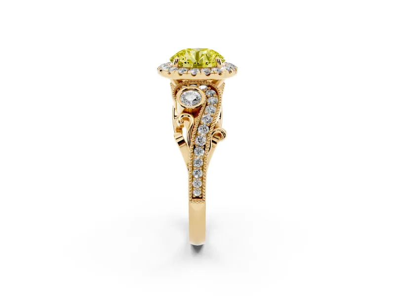 Round Vintage Halo Engagement Ring Setting for a Fancy Yellow Lab-Grown Diamond | Bezel Shoulder Accents | Yellow Gold