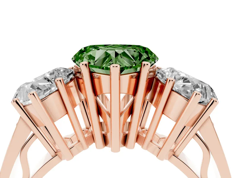 Heart-Shaped Three Stone Engagement Ring Setting for a Fancy Green Lab-Grown Diamond | Beaded Shoulders | Rose Gold
