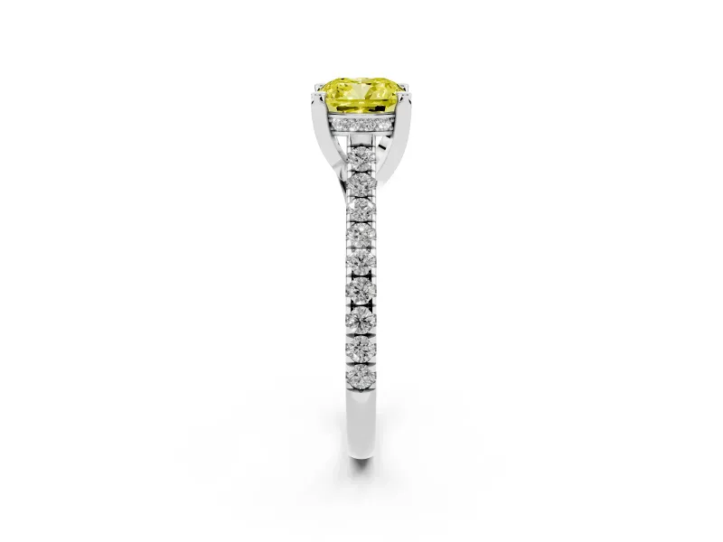 Cushion Cut Hidden Halo Pave Engagement Ring Setting for a Fancy Yellow Lab-Grown Diamond | Claw Prongs | White Gold