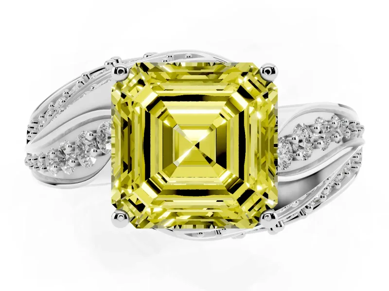 Asscher Cut Bypass Pavé Engagement Ring Setting for a Fancy Yellow Lab-Grown Diamond | Graduated Pavé | Sterling Silver