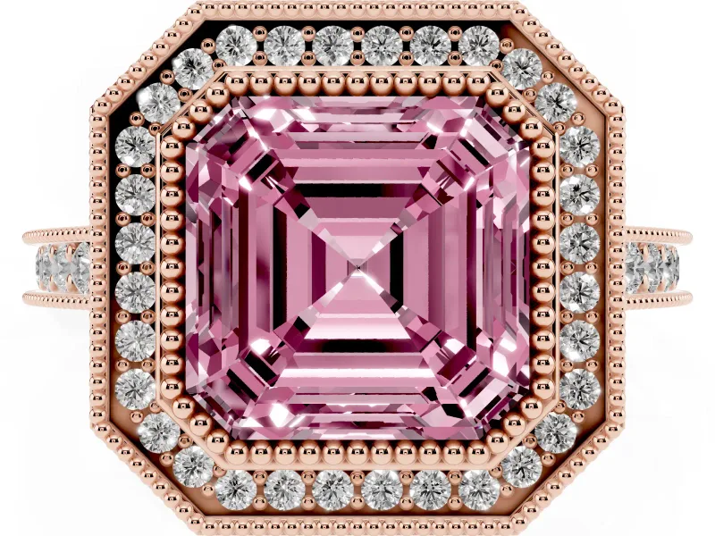 Asscher Cut Vintage Milgrain Halo Engagement Ring Setting for a Fancy Pink Lab-Grown Diamond | Bezel Head | Rose Gold