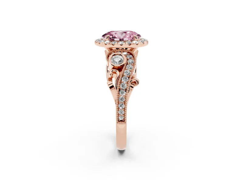 Oval Vintage Halo Engagement Ring Setting for a Fancy Pink Lab-Grown Diamond | Bezel Shoulder Accents | Rose Gold