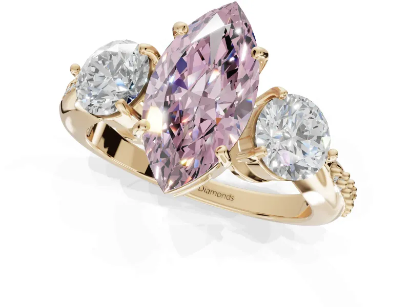 Marquise Three Stone Engagement Ring Setting for a Fancy Pink Lab-Grown Diamond | Tapered Pave Band | Yellow Gold