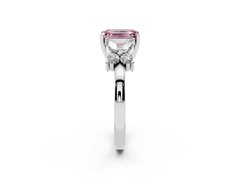 Fancy Pink Emerald Cut Diamond Floral Cluster Ring Set in White gold with Marquise Petals and Prong Setting
