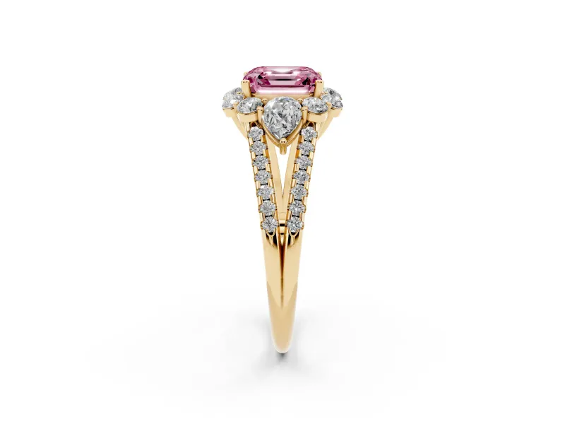 Asscher Cut Scalloped Halo Engagement Ring Setting for a Fancy Pink Lab-Grown Diamond | Pear Side Stones | Yellow Gold