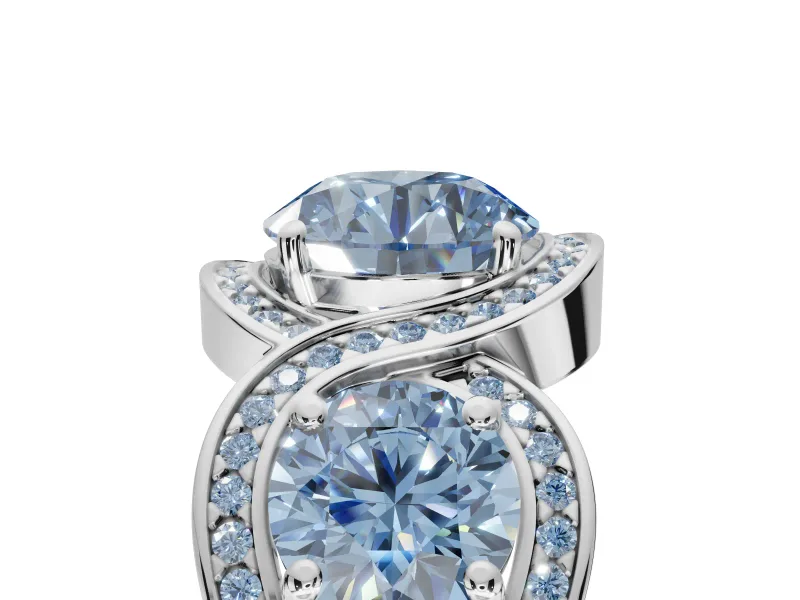 Round Three Stone Halo Engagement Ring Setting for a Fancy Blue Lab-Grown Diamond | Pavé Wave Band | Sterling Silver