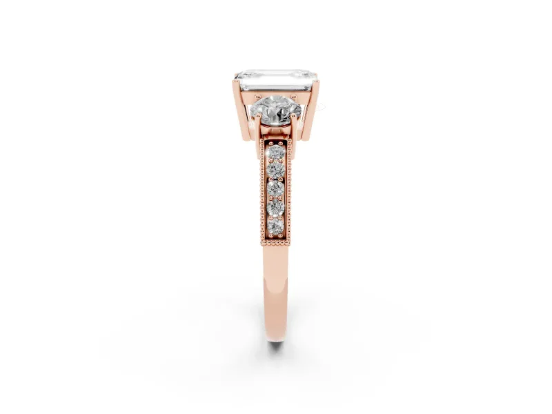 Emerald Cut Diamond Three-Stone Ring Set in Rose gold with Round Side Stones and Pavé Band