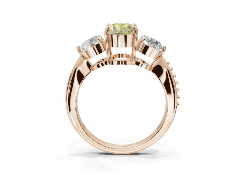 Oval Three Stone Engagement Ring Setting for a Fancy Yellow Lab-Grown Diamond | Tapered Pave Band | Rose Gold