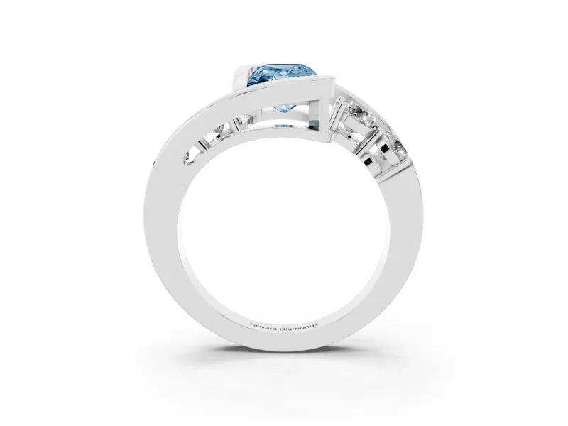 Fancy Blue Radiant Cut Diamond Bezel Bypass Ring Set in Platinum with Round Accents