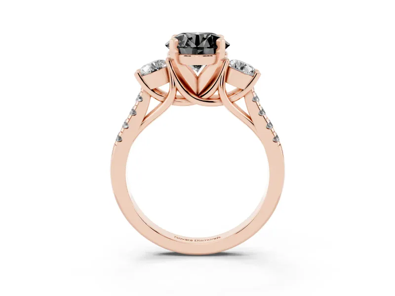Fancy Black Three-Stone Round Cut Diamond Pavé Band Ring Set in Rose gold with Prong-Set Trio