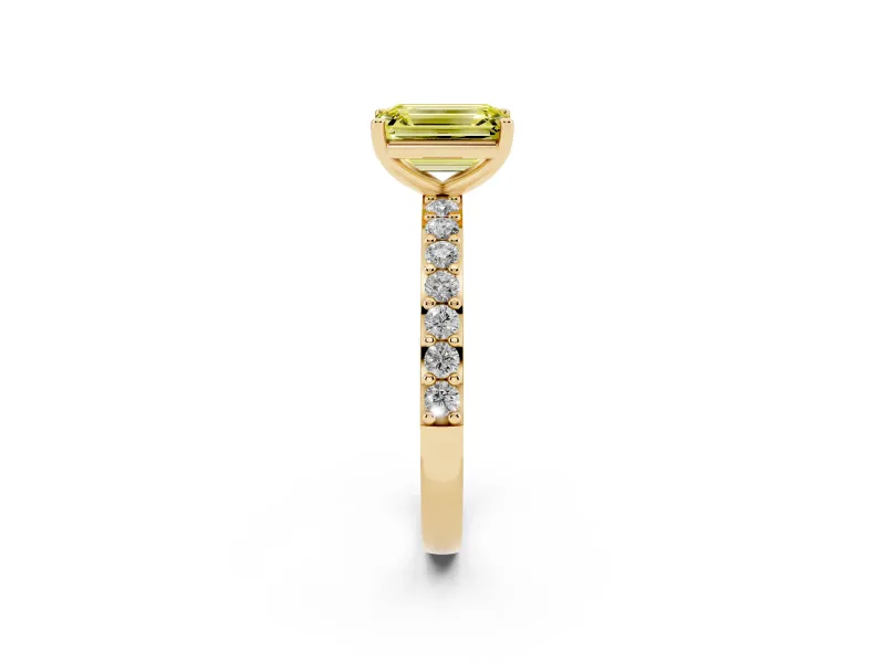 Emerald Cut Pavé Solitaire Engagement Ring Setting for a Fancy Yellow Lab-Grown Diamond | Single Row Band | Yellow Gold