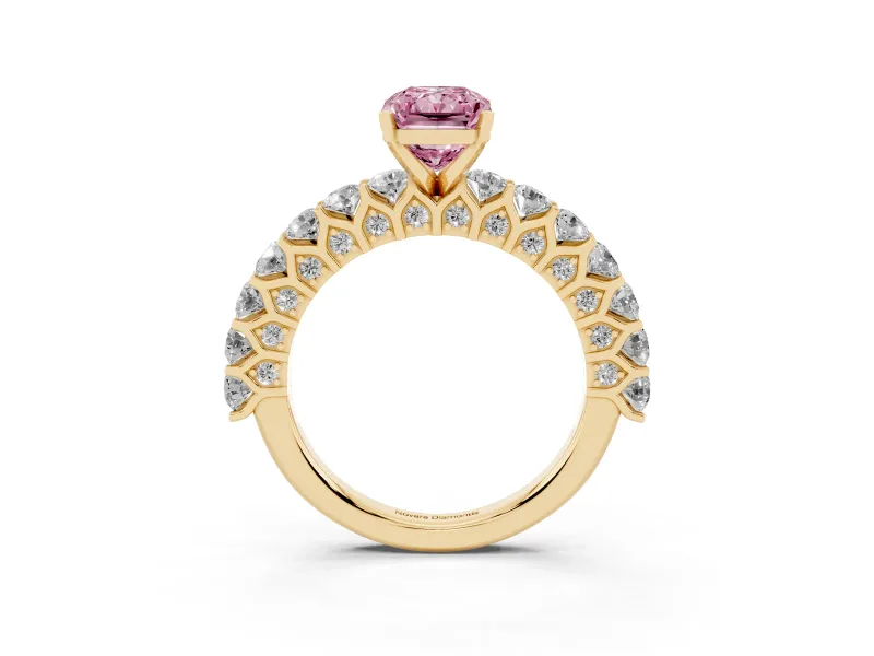 Radiant Cut Shared Prong Engagement Ring Setting for a Fancy Pink Lab-Grown Diamond | Yellow Gold