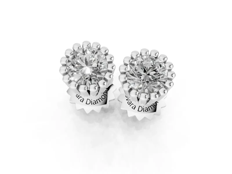 Round Lab-Grown Diamond Scalloped Solitaire Stud Earrings | Beaded Crown Head | Sterling Silver