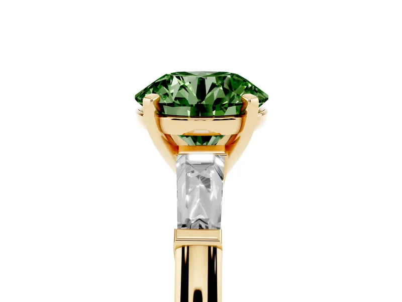 Round Three Stone Engagement Ring Setting for a Fancy Green Lab-Grown Diamond | Tapered Baguettes | Yellow Gold