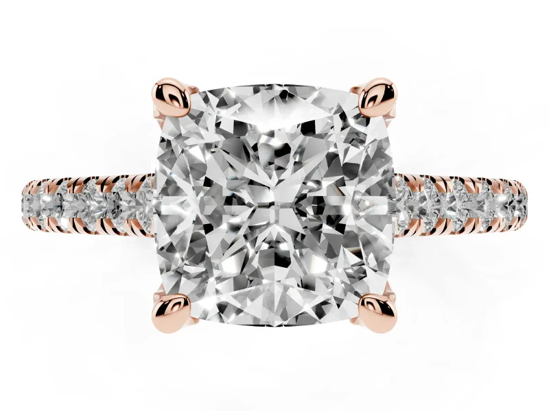 Cushion Cut Hidden Halo Pave Engagement Ring Setting | Claw Prongs | Rose Gold