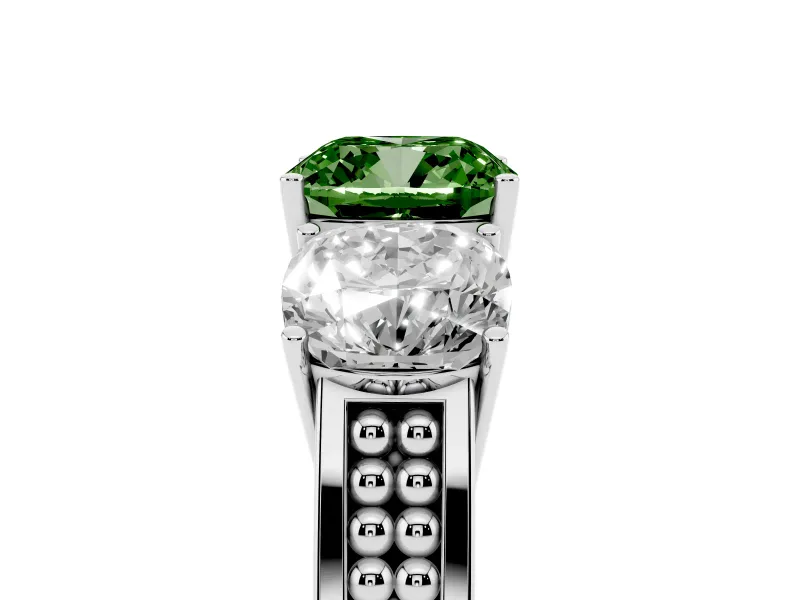 Fancy Green Cushion Cut Diamond Three-Stone Ring Set in White gold with Textured Band