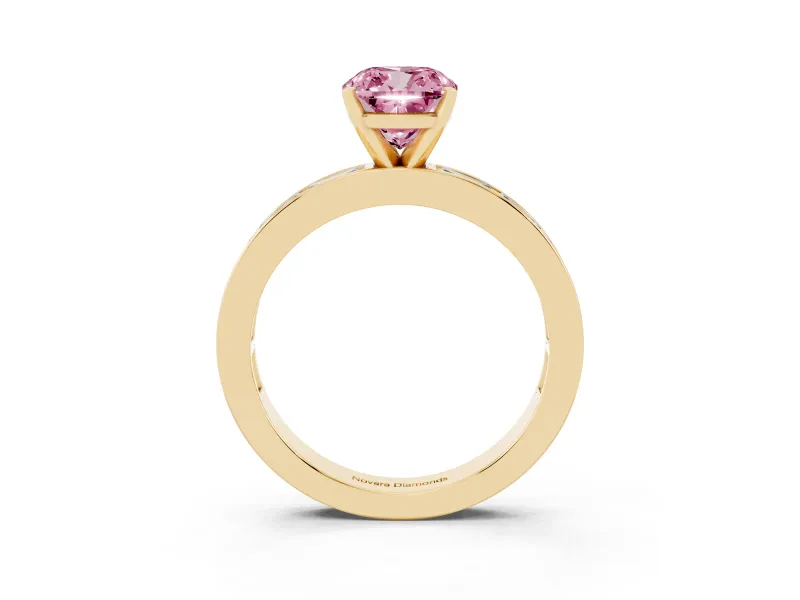 Fancy Pink Cushion Cut Diamond Solitaire Ring Set in Yellow gold with Channel-Set Baguette Band and Prong Setting