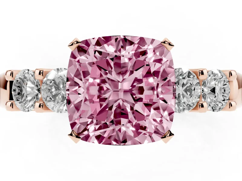Fancy Pink Cushion Cut Diamond Five-Stone Prong Set Engagement Ring Set in Rose gold with Channel Band