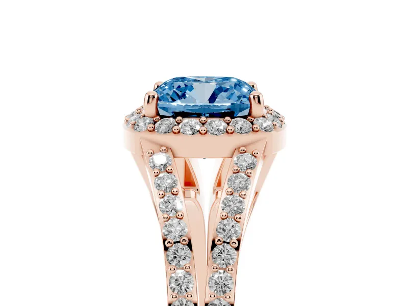 Cushion Cut Split Shank Halo Engagement Ring Setting for a Fancy Blue Lab-Grown Diamond | Rose Gold