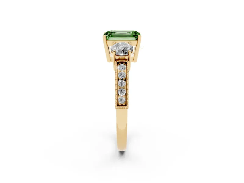 Emerald Cut Three Stone Engagement Ring Setting for a Fancy Green Lab-Grown Diamond | Graduated Pave Band | Yellow Gold