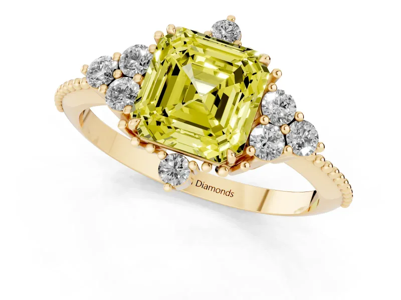 Asscher Cut Cluster Engagement Ring Setting for a Fancy Yellow Lab-Grown Diamond | Yellow Gold
