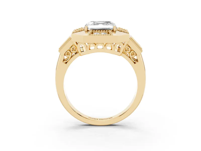 Asscher Cut Milgrain Sectioned Halo Engagement Ring Setting | Square-Framed Sides | Yellow Gold