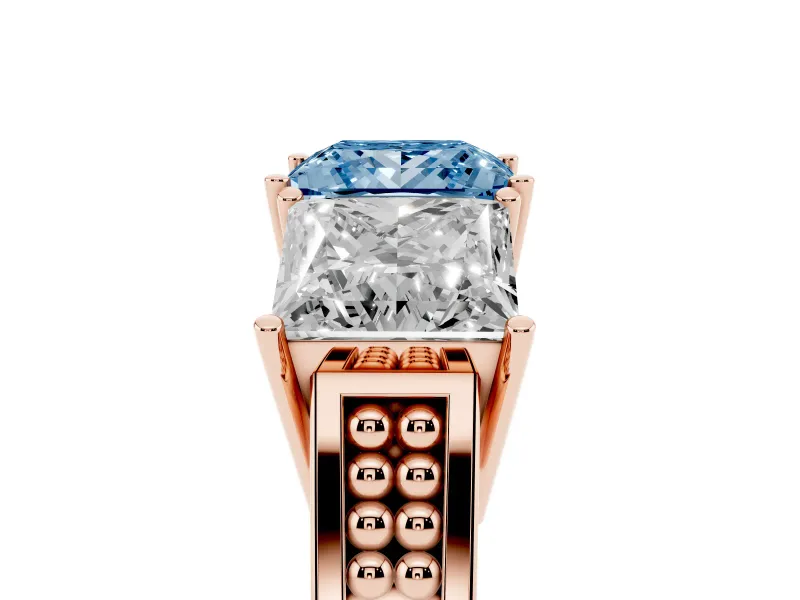 Princess Cut Three Stone Engagement Ring Setting for a Fancy Blue Lab-Grown Diamond | Beaded Shoulders | Rose Gold