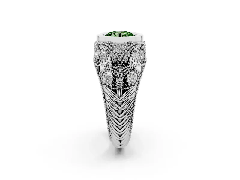 Fancy Green Round Cut Diamond Bezel Ring Set in Silver with Milgrain Accent Band