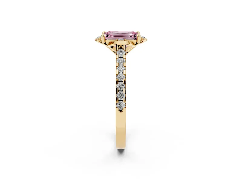 Emerald Cut Floral Petal Engagement Ring Setting for a Fancy Pink Lab-Grown Diamond | Petal Accents | Yellow Gold