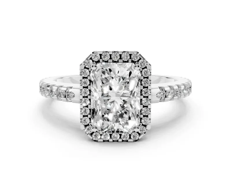 Radiant Cut Diamond Halo Ring Set in Silver with Pavé Shoulders and Halo-Framed Center
