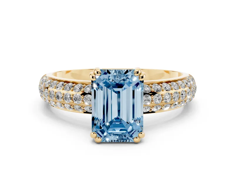 Fancy Blue Emerald Cut Diamond Solitaire Ring Set in Yellow gold with Multi-Row Round Pavé Band and Prong Setting