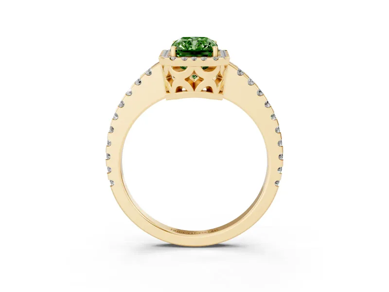Radiant Cut Pave Halo Engagement Ring Setting for a Fancy Green Lab-Grown Diamond | Yellow Gold