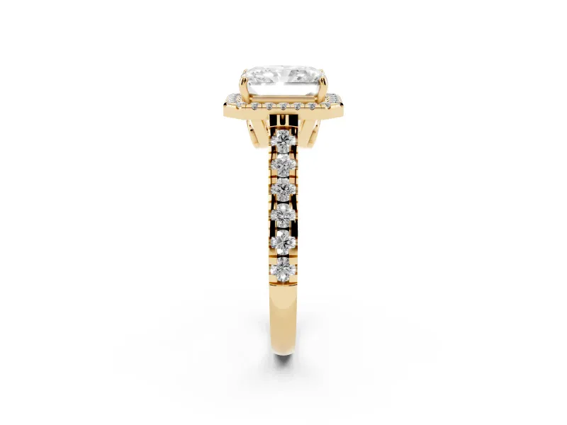 Radiant Cut Halo Engagement Ring Setting | Shared Prong Shoulders | Yellow Gold