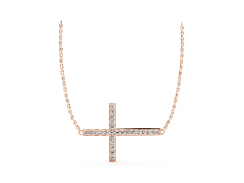 Round Lab-Grown Diamond Pavé Sideways Cross Necklace | Milgrain Edges | Rose Gold