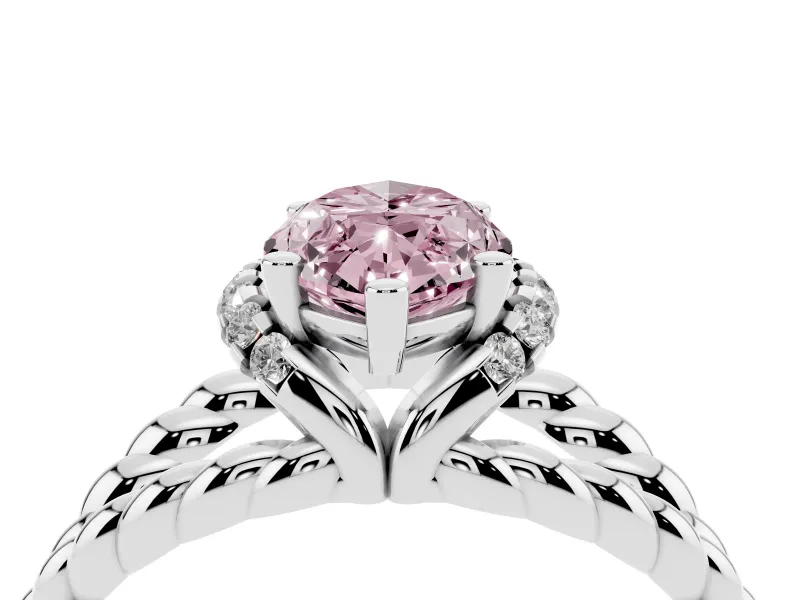 Fancy Pink Marquise Cut Diamond Halo Ring Set in White gold with Twisted Band and Prong Setting