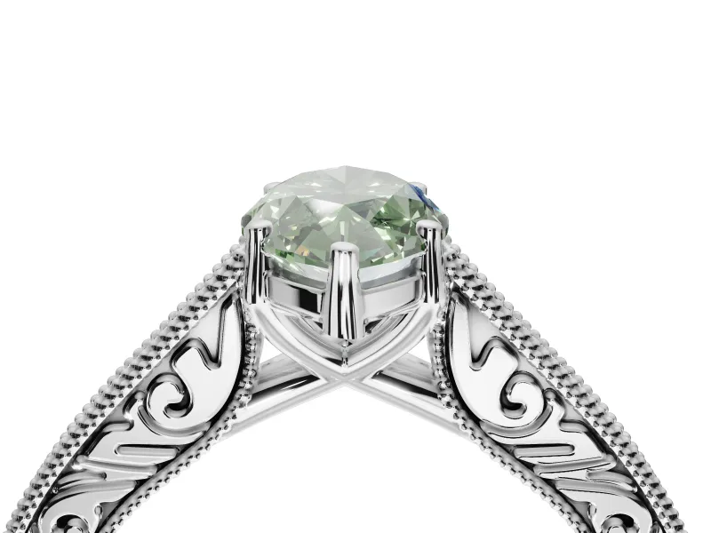 Marquise Vintage Engraved Pavé Engagement Ring Setting for a Fancy Green Lab-Grown Diamond | Milgrain Edges | White Gold