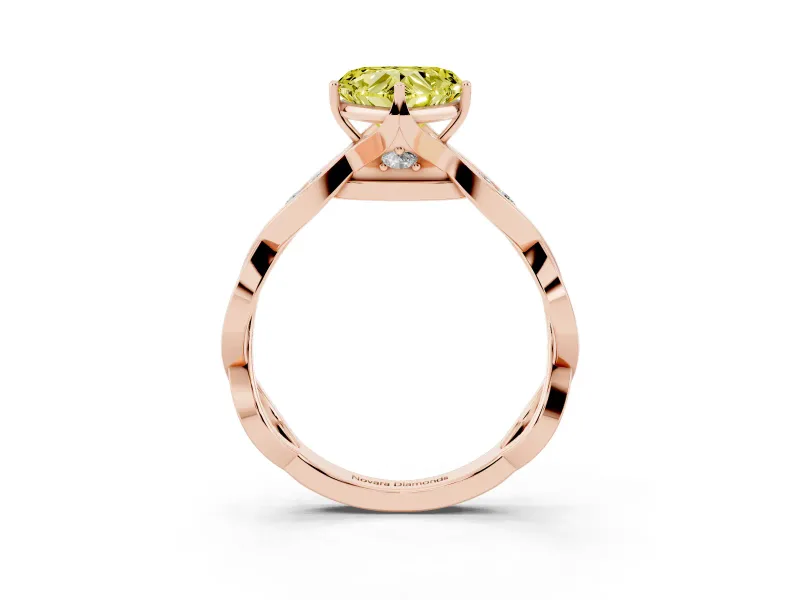 Fancy Yellow Heart Cut Diamond Twist Band Solitaire Ring Set in Rose gold with Leaf Prong Setting and Accent Stones