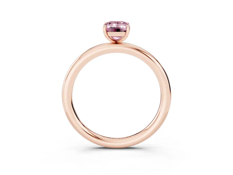 Fancy Pink Emerald Cut Diamond Solitaire Ring Set in Rose gold with Prong Setting on a Polished Plain Band