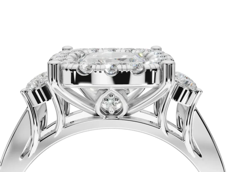 Cushion Cut Halo Side Cluster Engagement Ring Setting | Graduated Channel Band | Sterling Silver